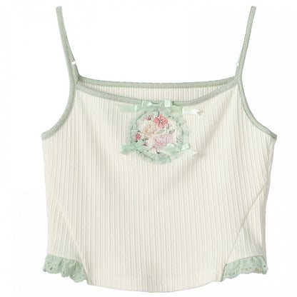 Cami Top mit Blumenverzierung, Stickerei und Schleifen, Weiß, kurz