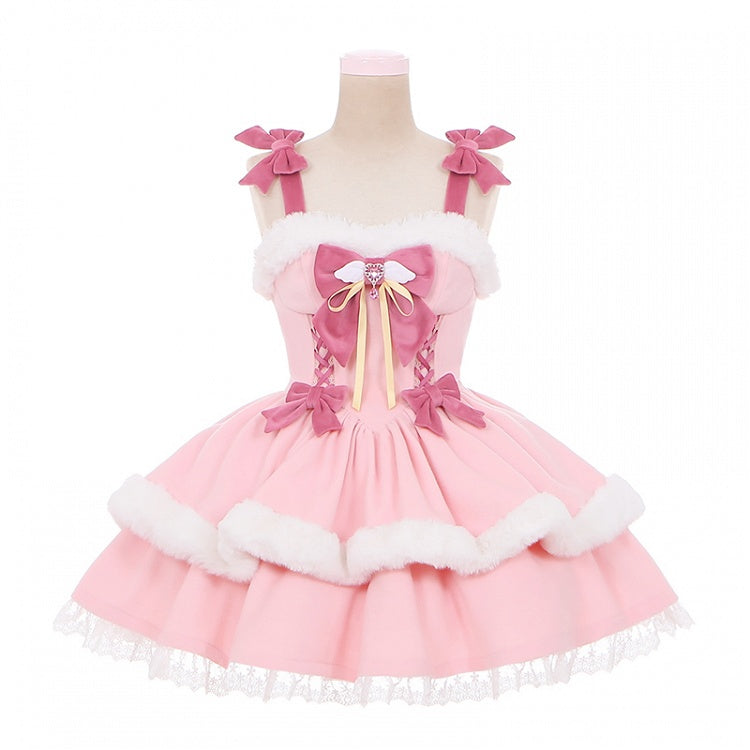 Bowknot Details Lace-up Basque Waist Pink Lolita Jumper Skirt Sweet Dress