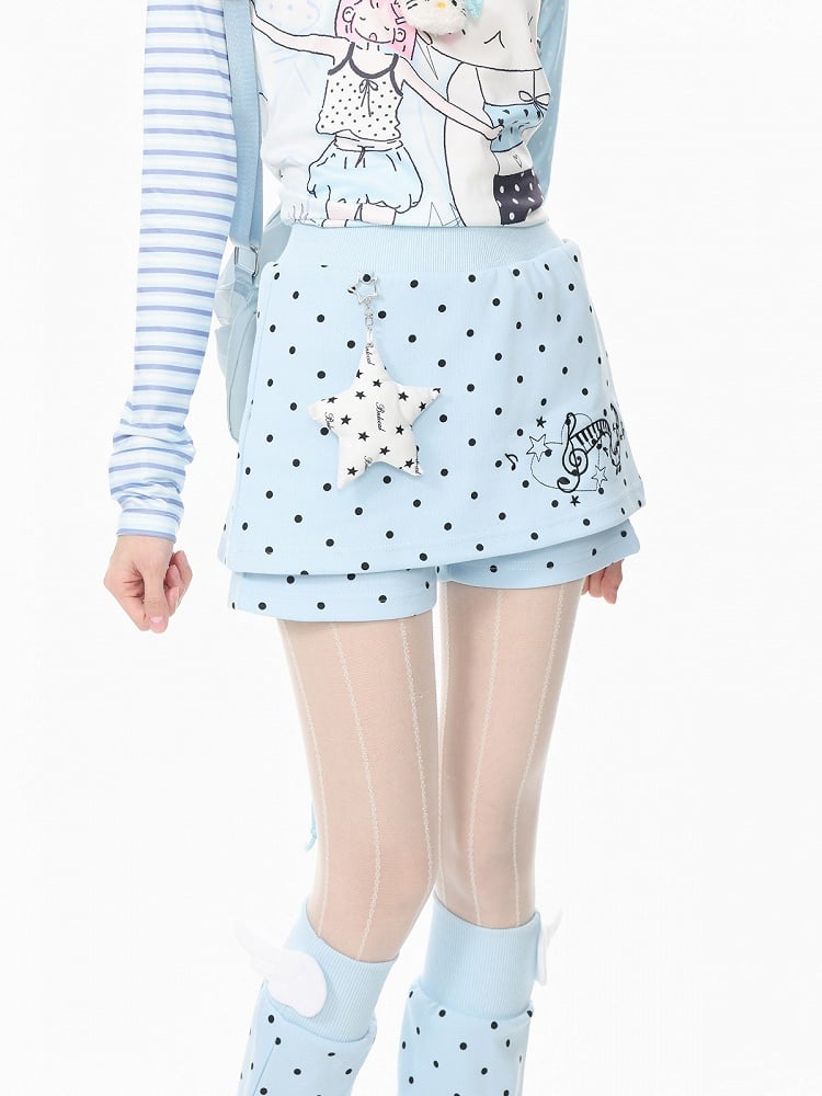 Otaku Kawaii Blue Dot Two Piece Skort Music Note Star Charm Leg Warmers - Languid Park
