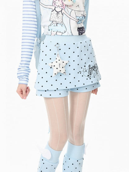 Otaku Kawaii Blue Dot Two Piece Skort Music Note Star Charm Leg Warmers - Languid Park
