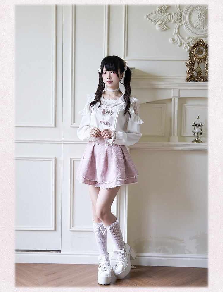 Pink White Rhinestones Bowknots Blouse Jirai Kei Sailor Collar Ruffled Lace Trim