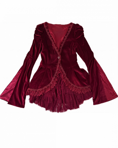 Embroidered Lace Blouse with Velvet V-Neck Coat and Layered Mermaid Skirt - DevilInspired Exclusive Collection
