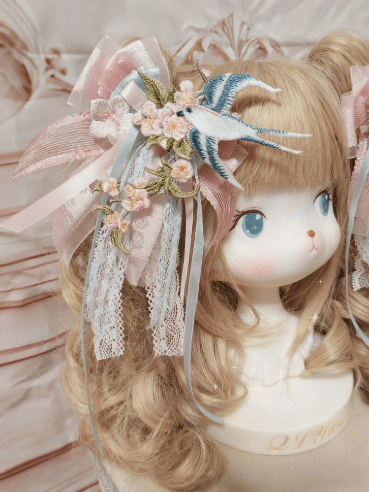 Lolita Flower Pink Blue Embroidered Hairclip Bowknot