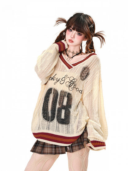 Hollow-Out Top Sonnenschutz Apricot V-Ausschnitt Asymmetrischer Ausschnitt Preppy Style