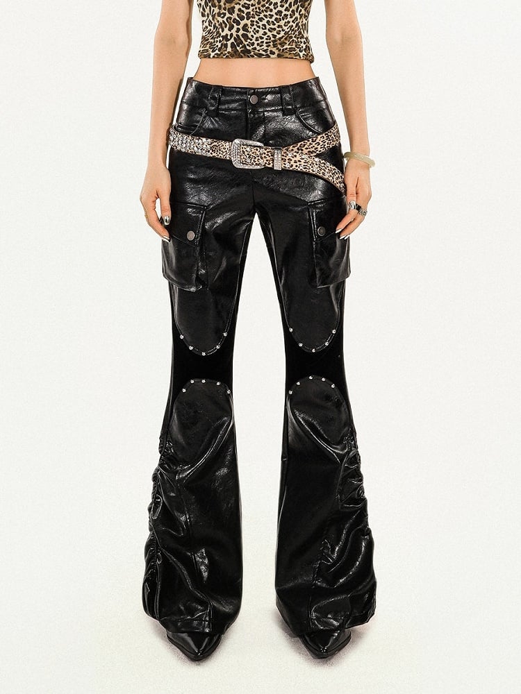 Black/Brown Punk PU Leather Trousers with Pleated Design