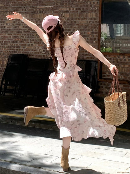 Pink Butterfly Print Dress with Asymmetrical Hem - Qchiwawameme