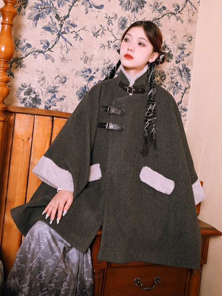 PU Coat + Cuffs with Gothic Collar Faux Cheongsam Fur Buckles Cape Gray