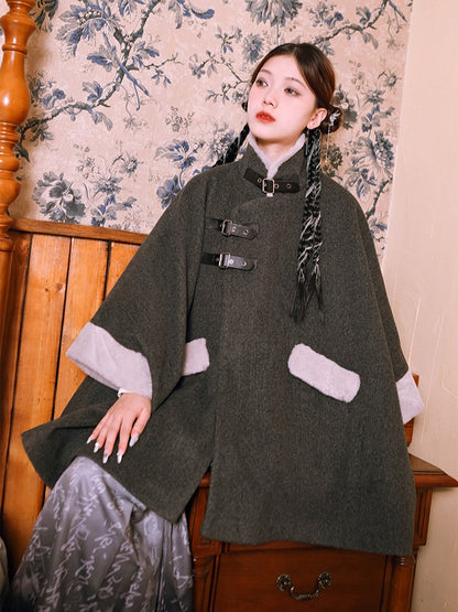 PU Coat + Cuffs with Gothic Collar Faux Cheongsam Fur Buckles Cape Gray