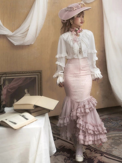 Layered Pink with Gothic Ruffles Fish-Tail Skirt Lolita