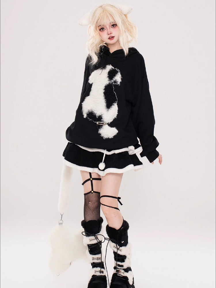 Schwarzer süßer Kapuzenpullover mit Welpenohren und Applikation