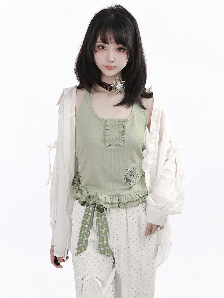Light Green Halter Top with Leaf Applique and Ruffles - PINK SAVIOR