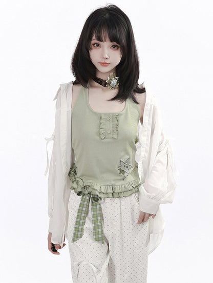 Light Green Halter Top with Leaf Applique and Ruffles - PINK SAVIOR