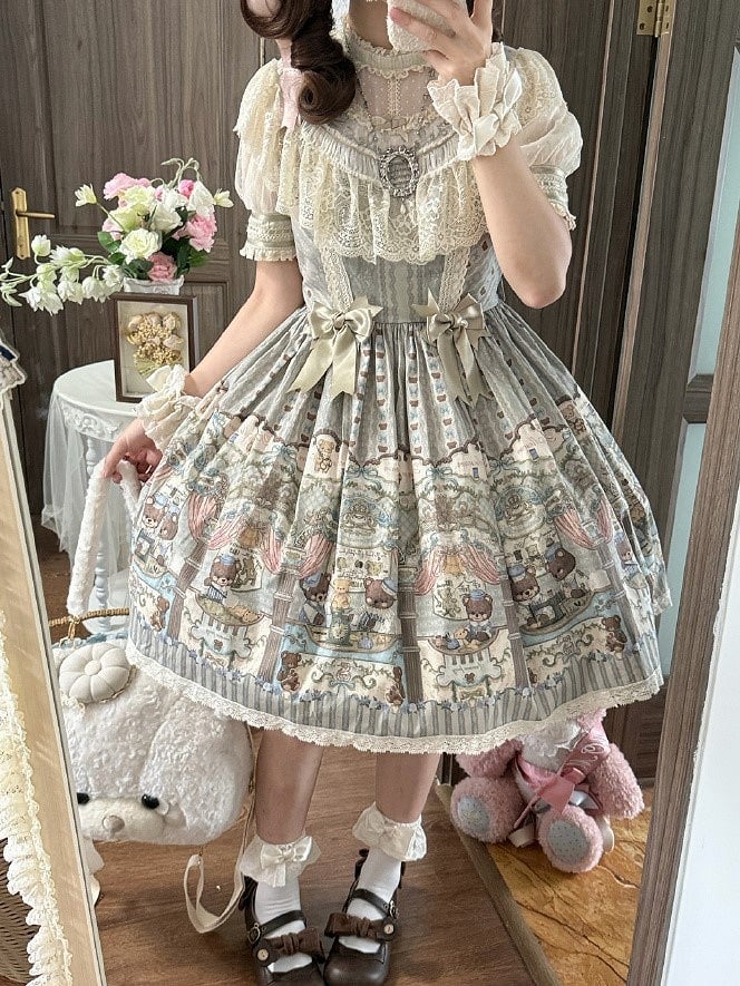 Dress with Sweet Accents Green Bow Bear Lace-Trimmed Lolita Printed