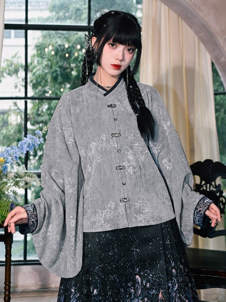 Gray - Blouse Style on Pipa Chinese Mandarin Sleeve with Cuffs Embroidery Collar Goldfish
