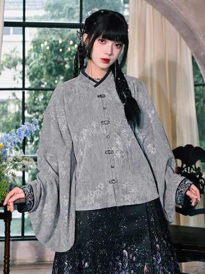 Gray - Blouse Style on Pipa Chinese Mandarin Sleeve with Cuffs Embroidery Collar Goldfish