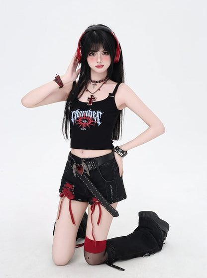 with Black Butterfly Applique Warmers and Red Lace-up Details Hem Denim Shorts Leg