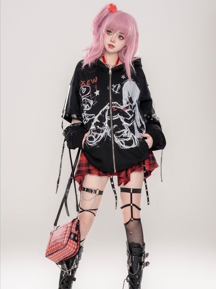 Punk Black/Beige Comic Girl Cutout Sleeves Zip Hoodie