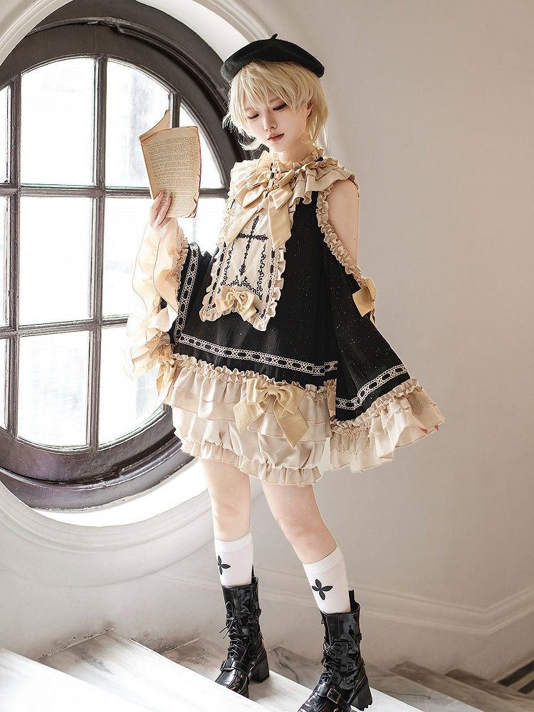 Black & Golden Cross Embroidery Cutout Shoulder Ruffled Ouji Lolita Top with Bloomers Set - Unknown Star