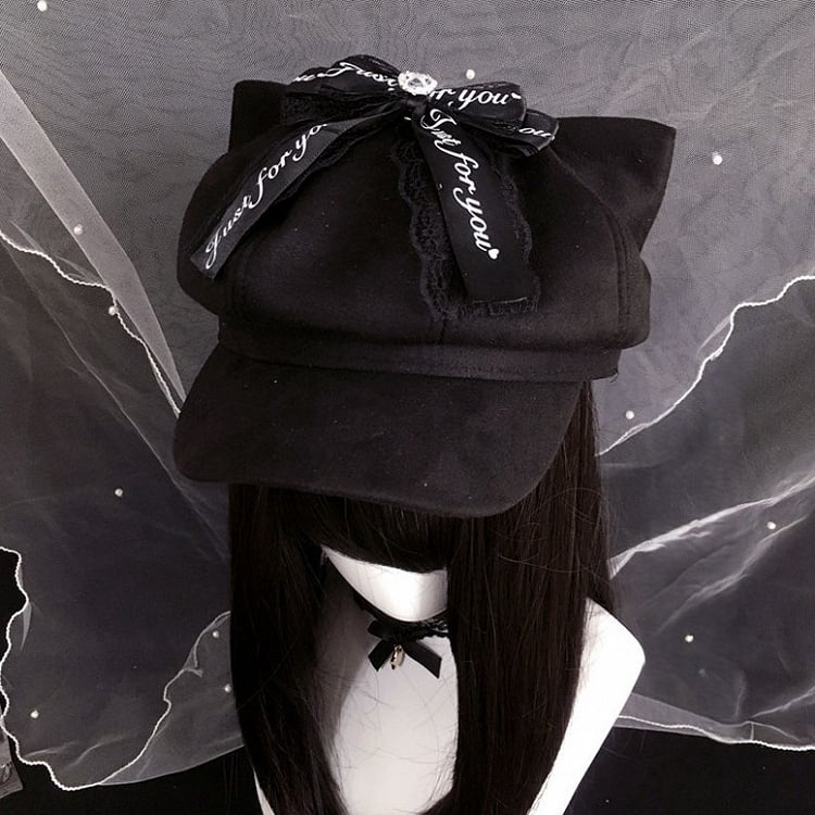 Béret chat Nœud détachable Dentelle Noir/Rose Noir avec oreille