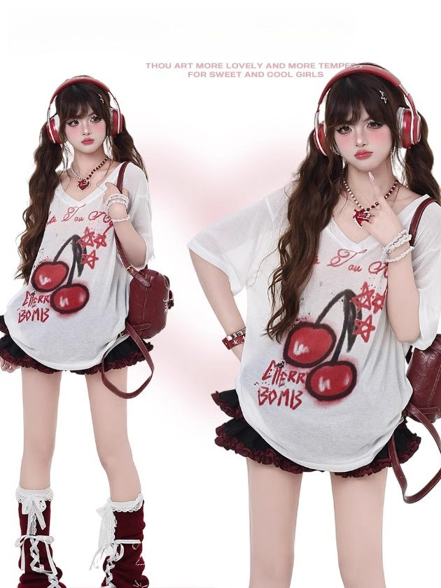 T-Shirt White Semi-Sheer V-Neck Cherry Print Sun Protection Bittersweet