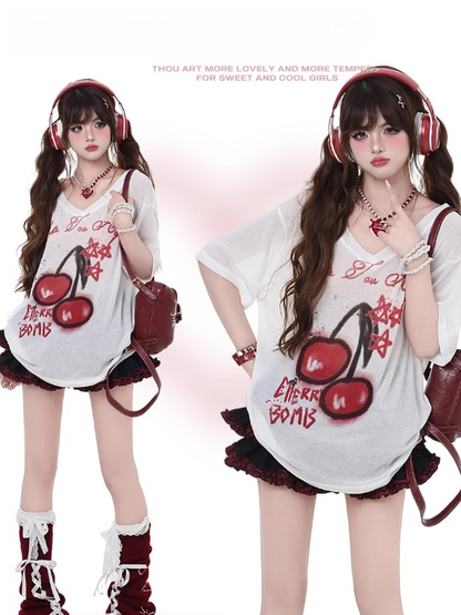 Tシャツ ホワイト セミシアー Vネック チェリープリント 日焼け防止 ビタースウィート