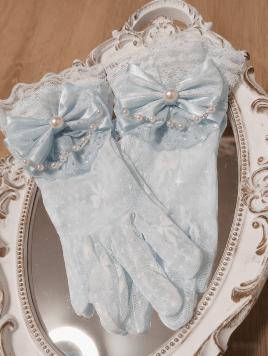 Gloves Details Bowknot Princess Pearl Lace Lolita with Pink/Blue