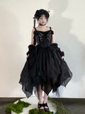 Black Asymmetrical Hem Lolita JSK Gown with Butterfly Rhinestones S-3XL - Sweet Wood Lolita