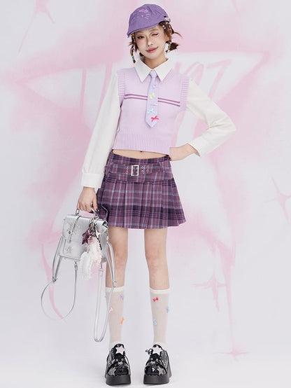 パープルのプレッピースタイルのラウンドネックベスト