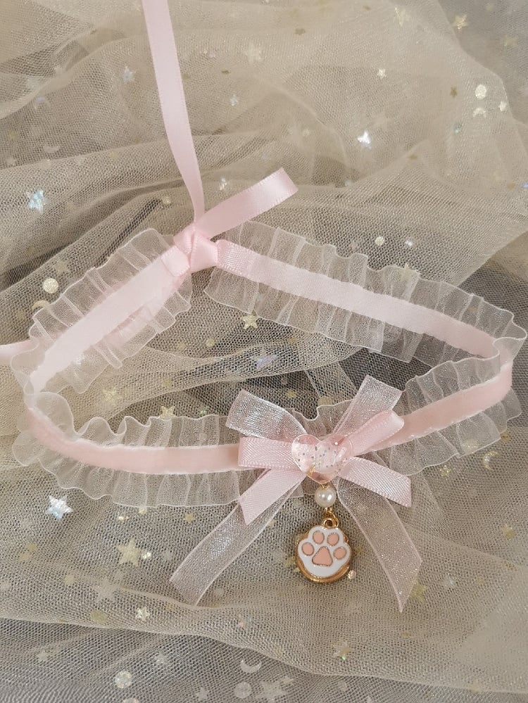 Pink/White Cat Lace Choker Sweet Pendant Lolita Paw