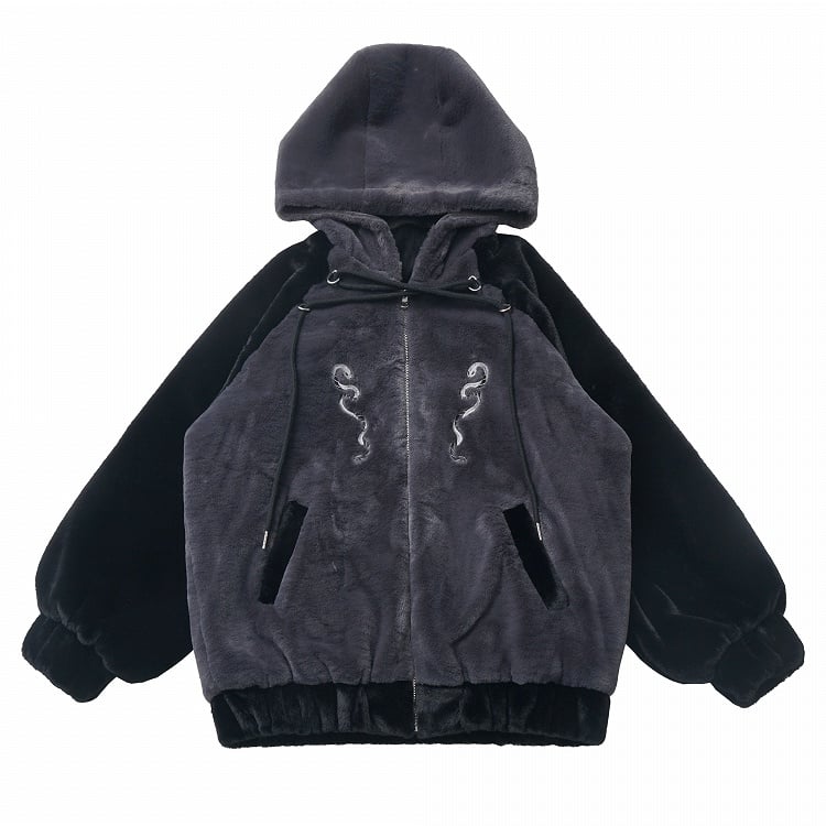 Black and Gray Colorblock Plush Jacket with Snake Detail