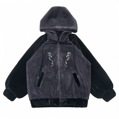 Black and Gray Snake Colorblock Plush Jacket