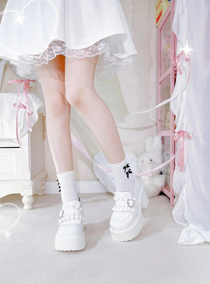 with Beaded Kei White Sweetheart 9.5cm Jirai Shoes Heel Chunky Loafers Platform