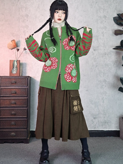 Chinese Pockets Cargo Skirt - Leaf Brown Motif with Embroidery Style