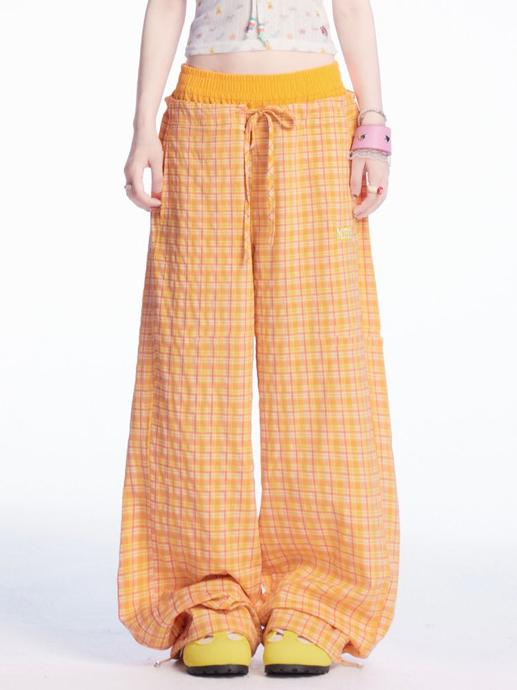 Drawstring Cuffs Wide-leg Casual Pants Orange Plaid Elastic Waist