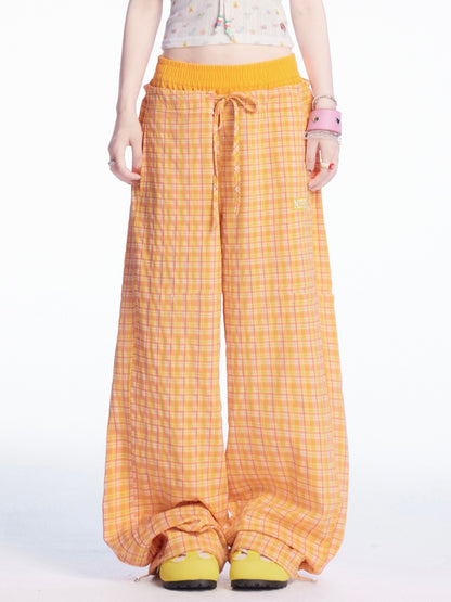 Drawstring Cuffs Wide-leg Casual Pants Orange Plaid Elastic Waist
