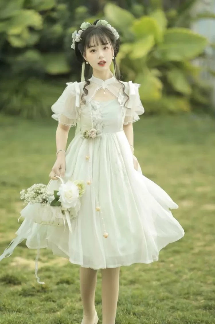 Banded Green Floral Embroidery Top Dress White Collar +
