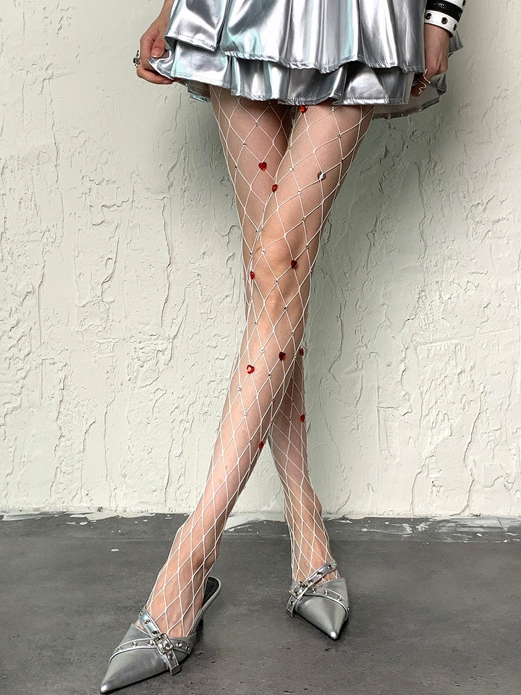 Heart Decorated Y2K Tights Rhinestone Details White/Black Fishnet