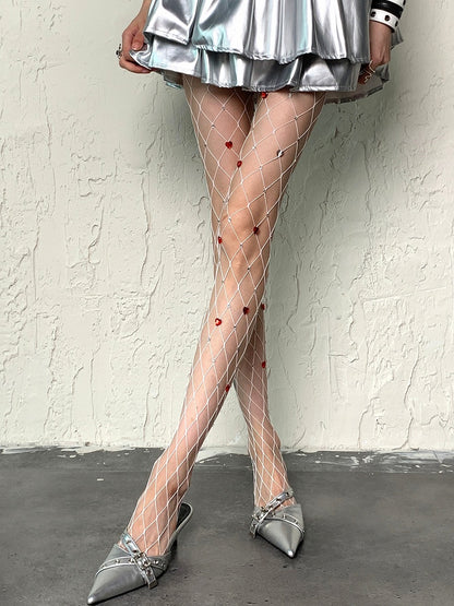 Heart Decorated Y2K Tights Rhinestone Details White/Black Fishnet