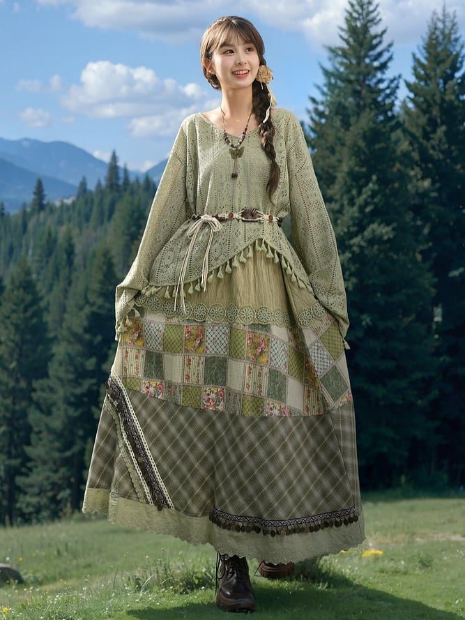 Grüner Cottagecore-Patchworkrock mit hoher Taille im Bohemian-Stil