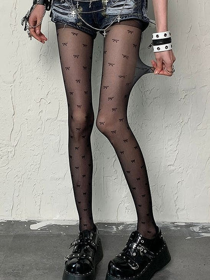 Y2K Fashion Print Gyaru Black Bowknot Tights