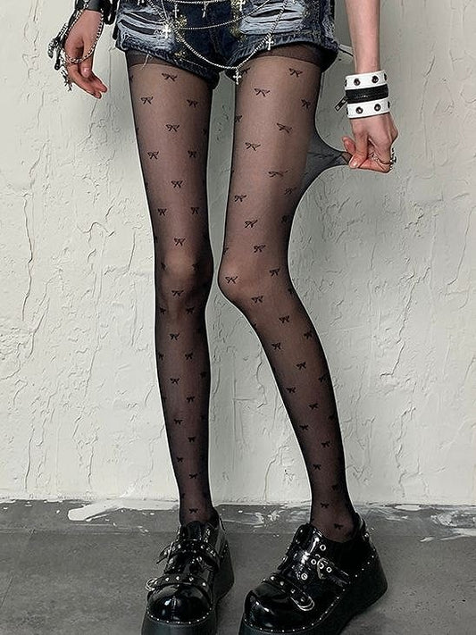 Y2K Fashion Print Gyaru Black Bowknot Tights