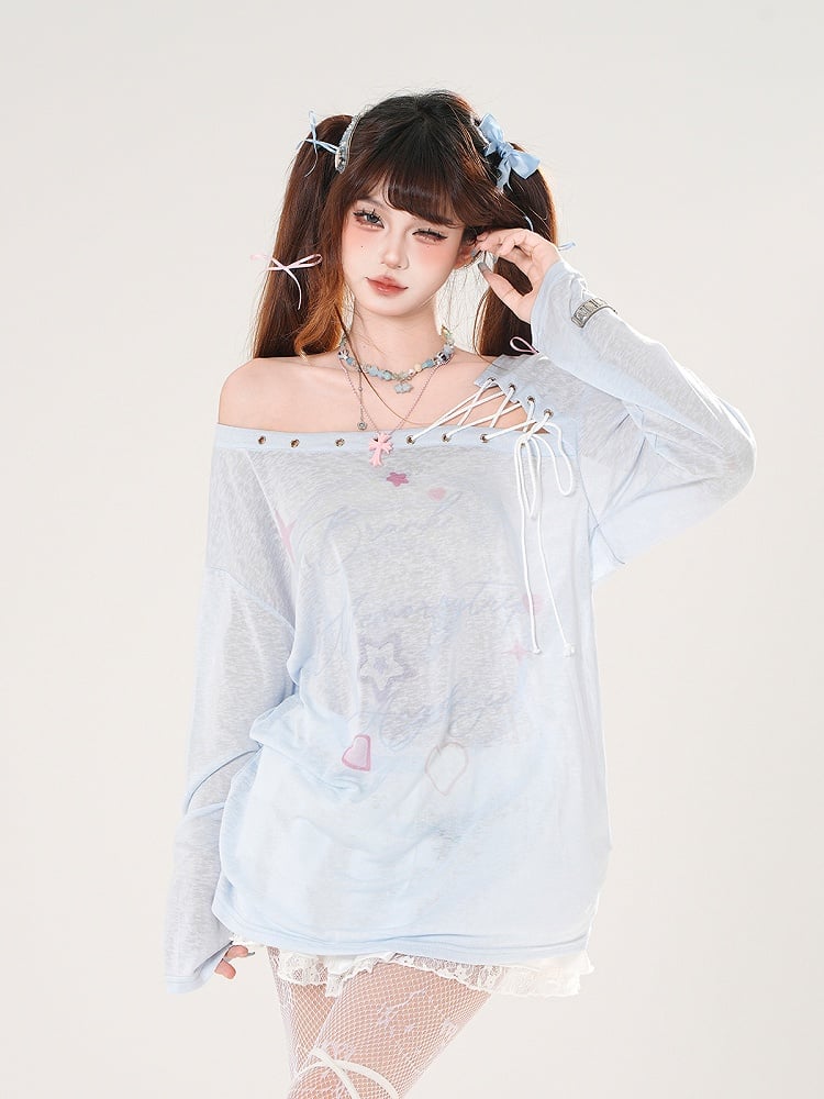 Lace-up Asymmetrical Neckline Blue/White Semi-sheer Coverup