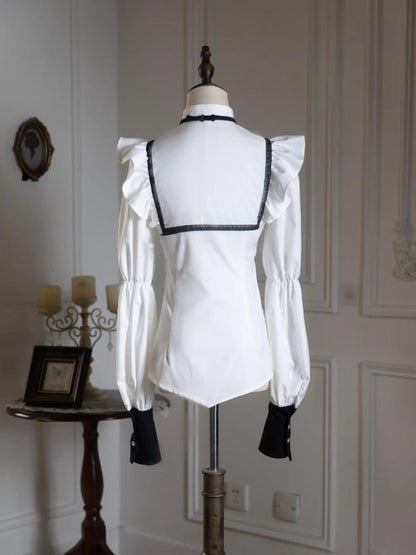 Crisp White Ruffled Shirt with Bow Tie for Ouji - Shi Zhi Mao