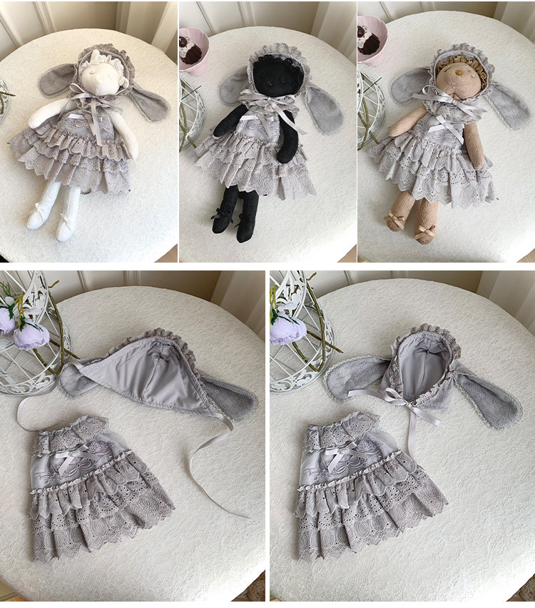 Gray Rosette and Bowknot Embroidery Dress + Bunny Ears Hat
