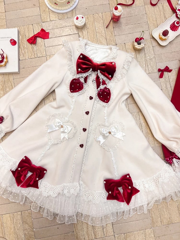 White Red Velvet Lace with and Bows Trim Coat Lolita