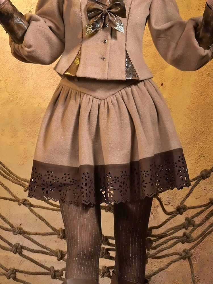 V-Waist with Skirt Khaki Hem Floral Cut-out Brown Suede Steampunk