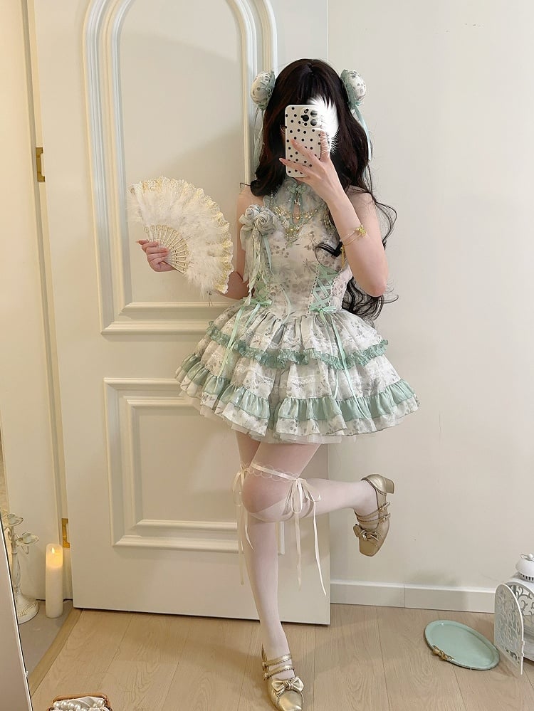 Lolita with Gentle Floral Green Halter Neck Dress Details Pattern Button Qipao-Style Lace