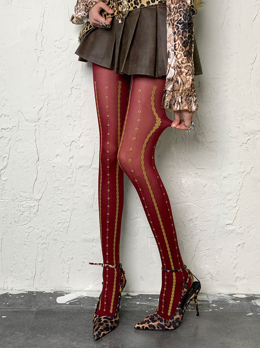 Weinrote Strumpfhose mit Y2K-Printdesign