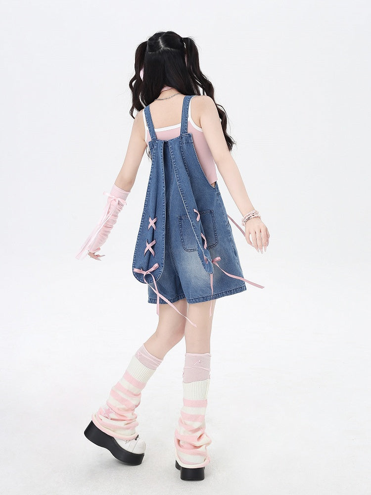 Blue Adorable Lace-up Back Bunny Ears Design Denim Overall Shorts