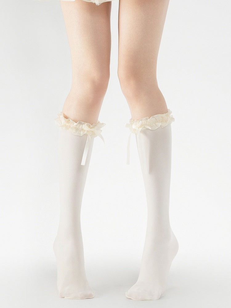 Black/Creamy Slimming White/White Calf Socks 40CM Trim Bow